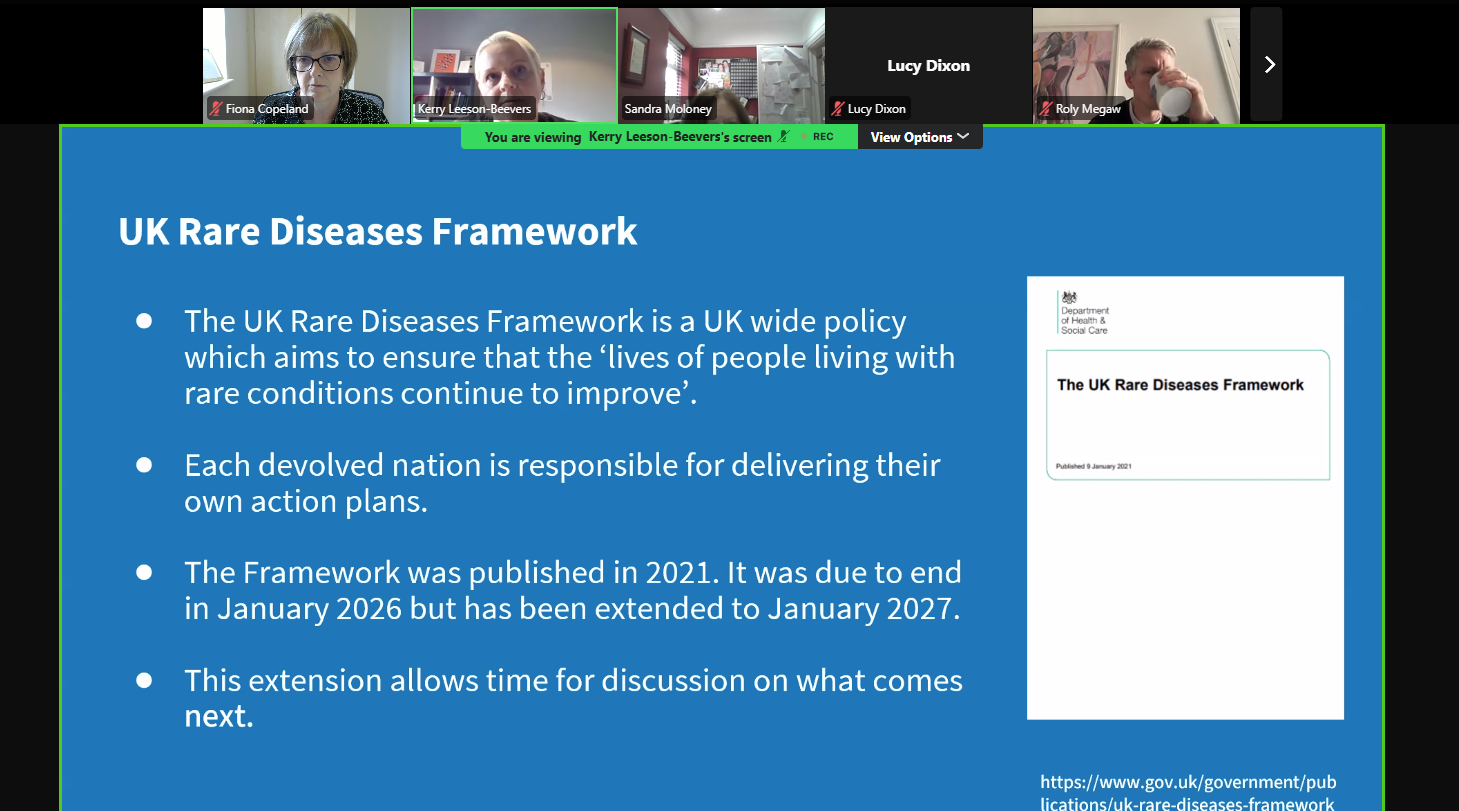 Future for Rare Disease Workshop - June 2026 Image of slide explaining the UK Rare Disease Framework with a selection of attendees heads showing at the top of the screen